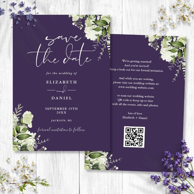 Reserve A Data Casamento do Código QR do Cultivo Floral Roxo (Purple Floral Greenery QR Code Wedding Save The Date)