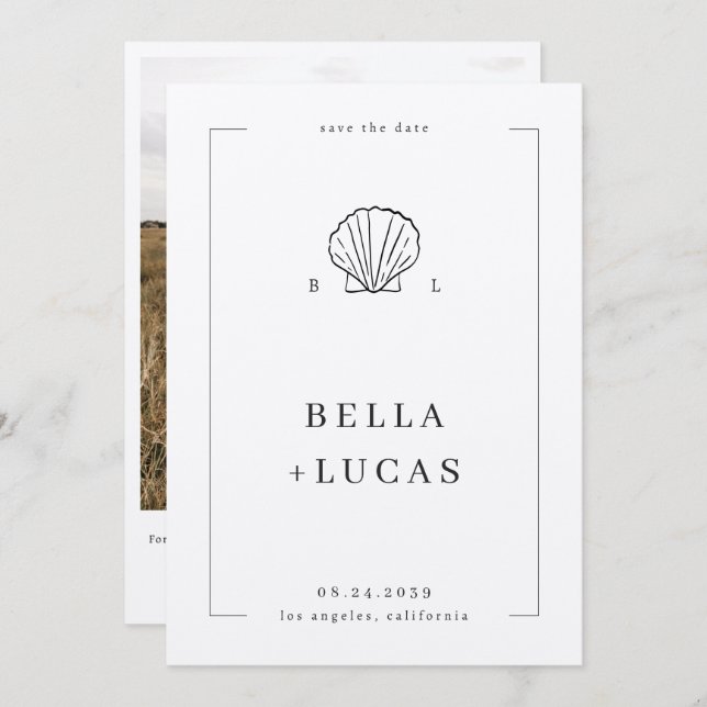 Reserve A Data Casamento do Código QR do Monograma do Shell Coste (Frente/Verso)