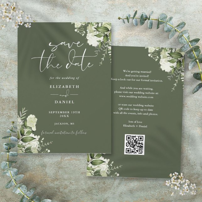 Reserve A Data Casamento do Código QR do Verde Verde Azul (Olive Green Floral Greenery QR Code Wedding Save The Date)