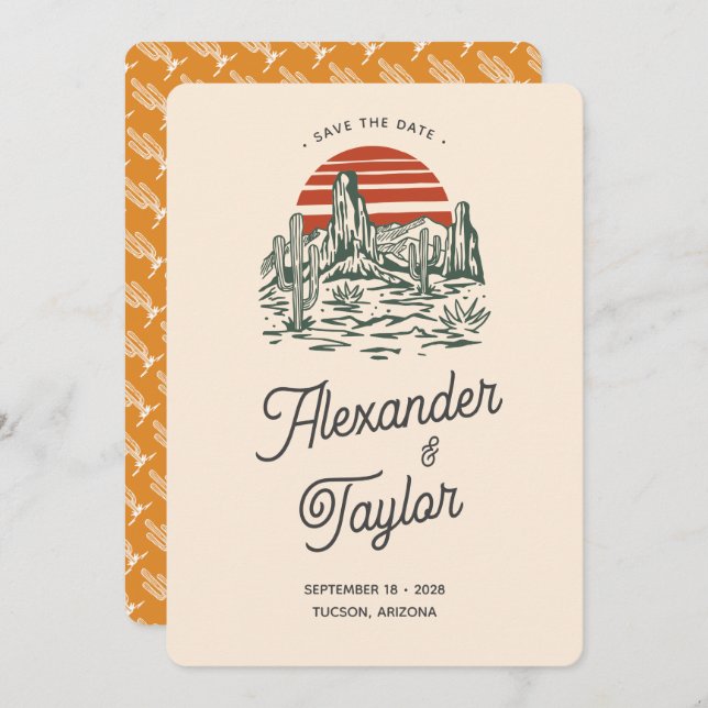 Reserve A Data Casamento do Deserto da Paisagem do Bold Retro Vib (Frente/Verso)