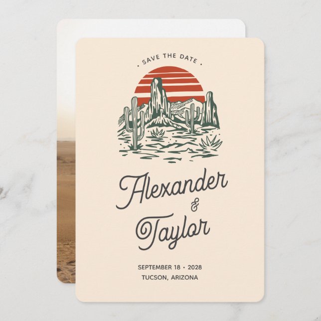 Reserve A Data Casamento do Deserto da Paisagem do Bold Retro Vib (Frente/Verso)