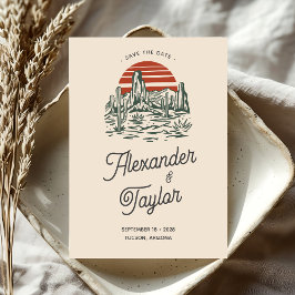 Reserve A Data Casamento do Deserto do Saguaro Cactus, Retro Verd