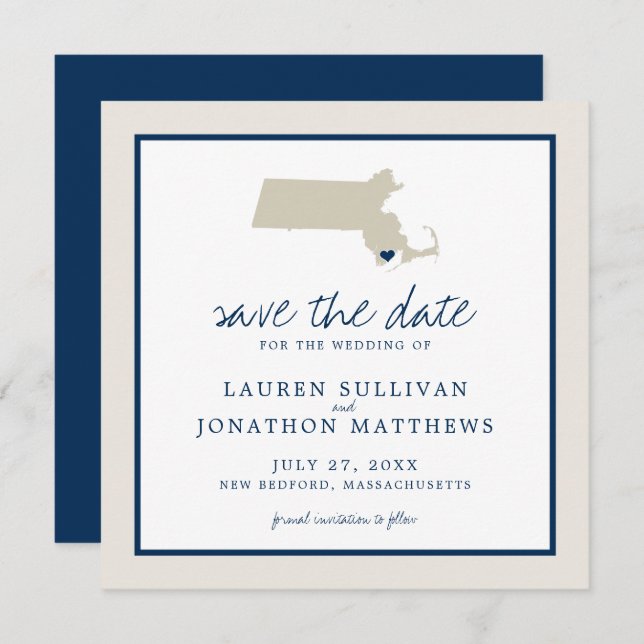 Reserve A Data Casamento do Mapa de Massachusetts Cream Azul Salv (Frente/Verso)