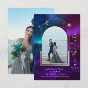 Reserve A Data Casamento do Sol Lua Estrelas Roxo Teal Cósmico