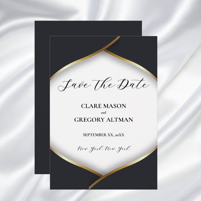 Reserve A Data Casamento Dourado branco negro legante (Elegant Black White Gold Wedding Save The Date Card)