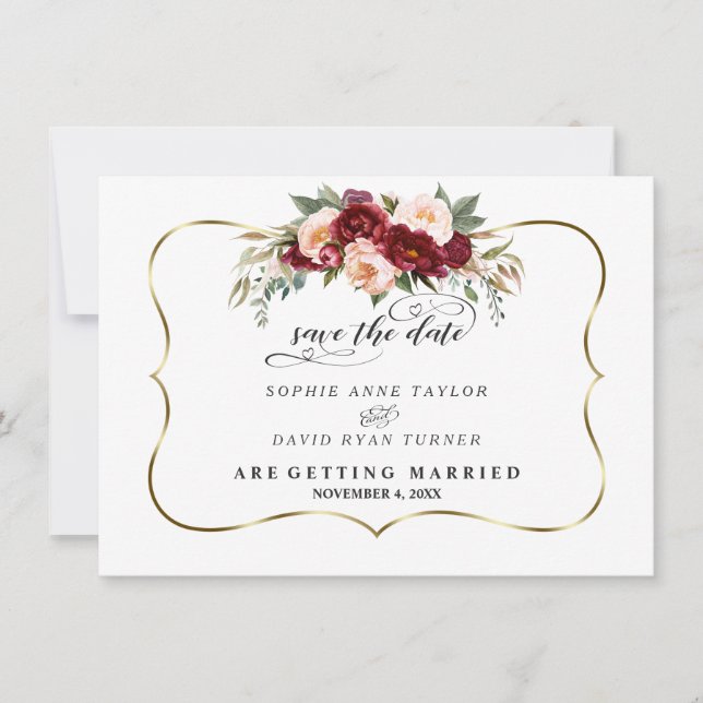 Reserve A Data Casamento Dourado Burgundy Blush Ivory Floral (Frente)