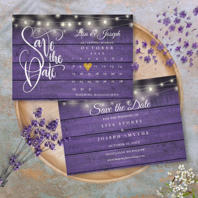 Reserve A Data Casamento Dourado Cardíaco Rústico Roxo de Madeira (Calendar Gold Heart Rustic Purple Wood Wedding Save The Date)