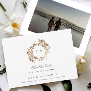 Reserve A Data Casamento Dourado Clássico Monograma de Crest Botâ