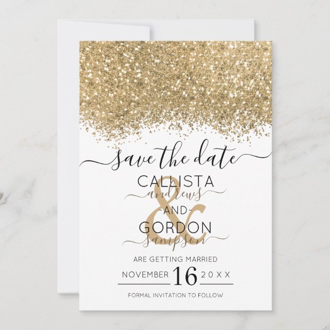 Reserve A Data Casamento Dourado com Confetti,  Luxo Moderno (Frente)