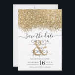 Reserve A Data Casamento Dourado com Confetti,  Luxo Moderno<br><div class="desc">O elegante, glamouroso e moderno casamento, salvo o cartão de data, é perfeito para o casal noivo contemporâneo e na moda. Ele apresenta um falso bloco de cores escondido com brilho brilhante de ouro impresso em cima de um simples fundo branco. A parte traseira exibe a mesma brilho, mas um...</div>