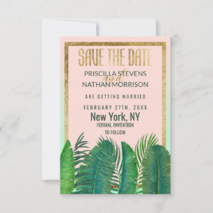 Reserve A Data Casamento Dourado com folhas tropicais Banana Leaf