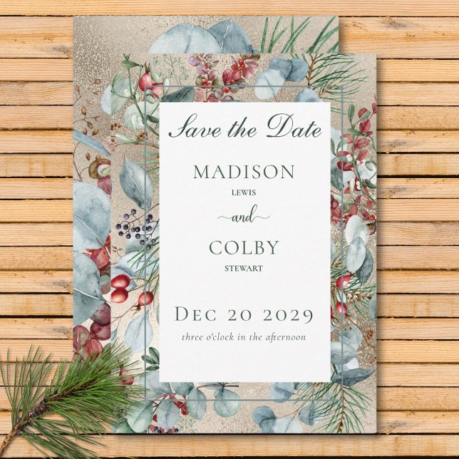Reserve A Data Casamento Dourado com Greenery de Natal (Winter Christmas Greenery Gold Wedding Save The Date)