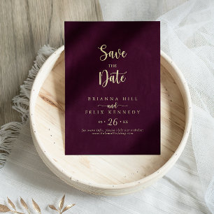Reserve A Data Casamento Dourado da Caligrafia Burgundia