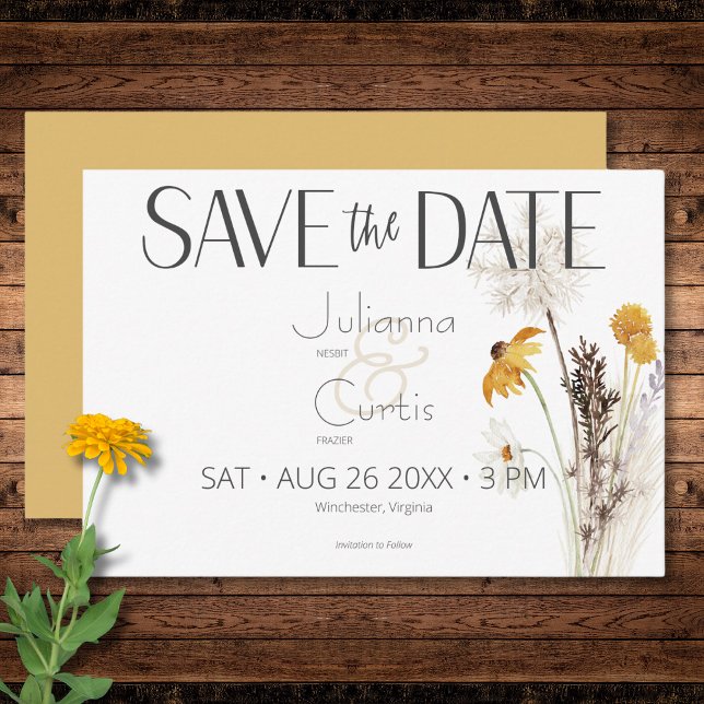 Reserve A Data Casamento Dourado das Flores Amarelas do Ouro Boho (Boho Golden Yellow Meadow Flowers Gold Wedding Save The Date)