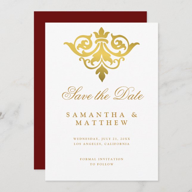 Reserve A Data Casamento Dourado de Damasco Indiano Salve a Data (Frente/Verso)