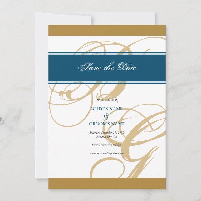 Reserve A Data Casamento Dourado de Monograma de Script Elegante  (Frente)