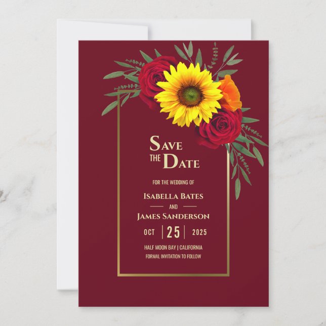 Reserve A Data Casamento Dourado de Rosa vermelha Sunflower Salva (Frente)