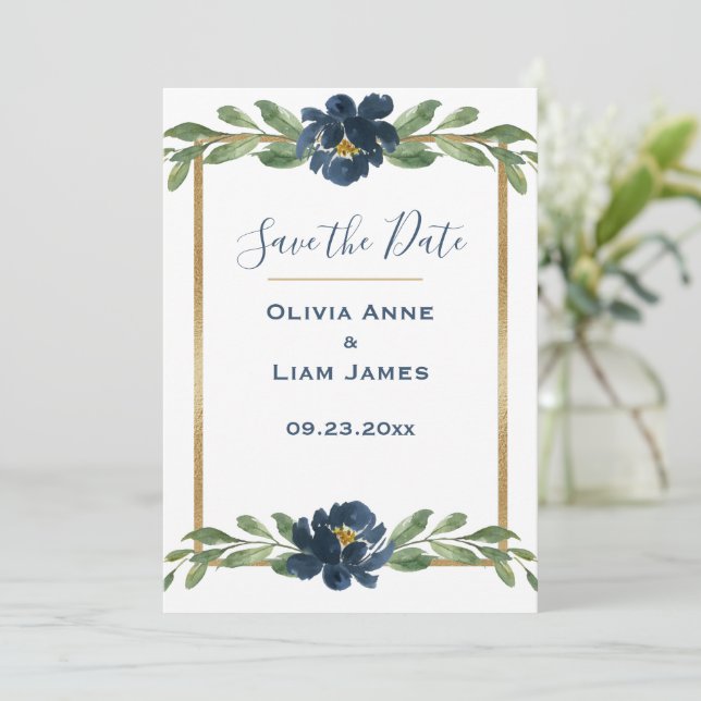 Reserve A Data Casamento Dourado de Script Elegante Floral Azul e (Em pé/Frente)