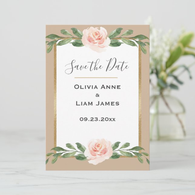 Reserve A Data Casamento Dourado de Script Elegante Floral Blush  (Em pé/Frente)