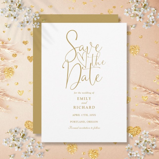 Reserve A Data Casamento Dourado de Script Moderno Elegante (Elegant Modern Script Gold Wedding Save The Date)