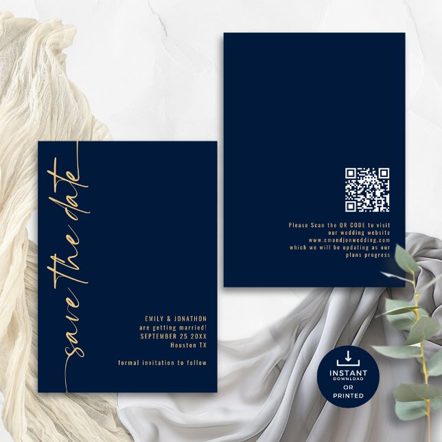 Reserve A Data Casamento Dourado do Código QR de Caligrafia Minim (Front and back view)