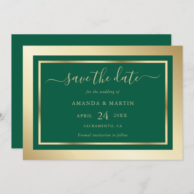Reserve A Data Casamento Dourado e Emerald Green personalizado el (Frente/Verso)