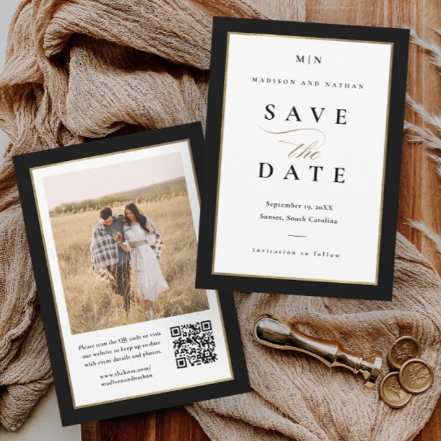 Reserve A Data Casamento Dourado e negro elegante (Elegant black and white photo wedding save the date with gold frame and QR code.)