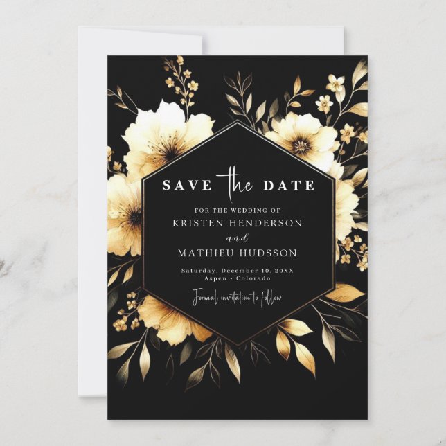 Reserve A Data Casamento Dourado e Negro Elegante (Frente)