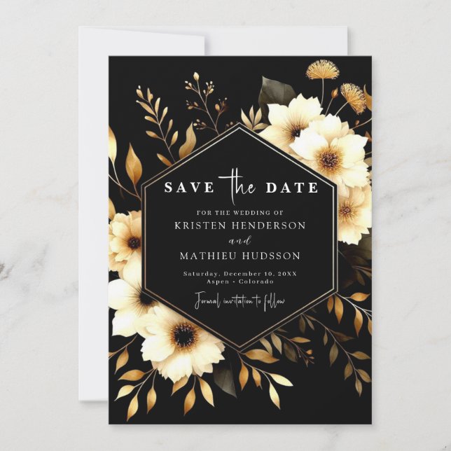 Reserve A Data Casamento Dourado e Negro Elegante Romântico (Frente)