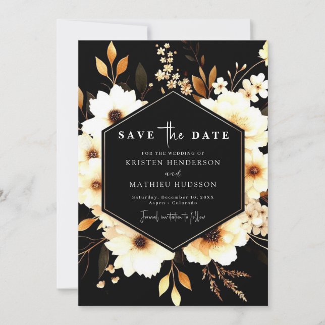 Reserve A Data Casamento Dourado e Negro Russo Floral (Frente)
