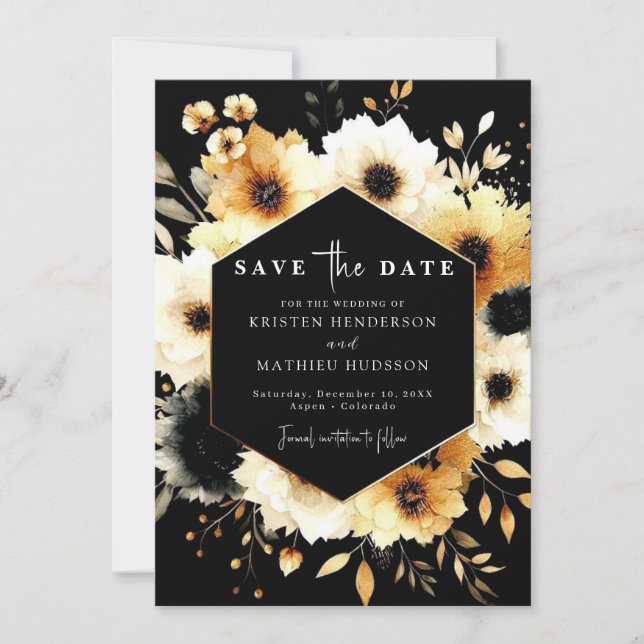 Reserve A Data Casamento Dourado e Negro, Rústico (Frente)