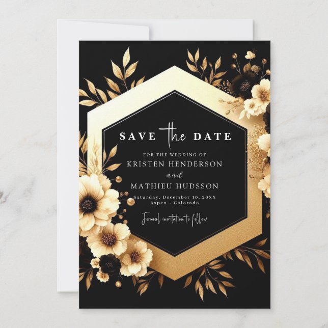 Reserve A Data Casamento Dourado e Preto com Aquarela (Frente)