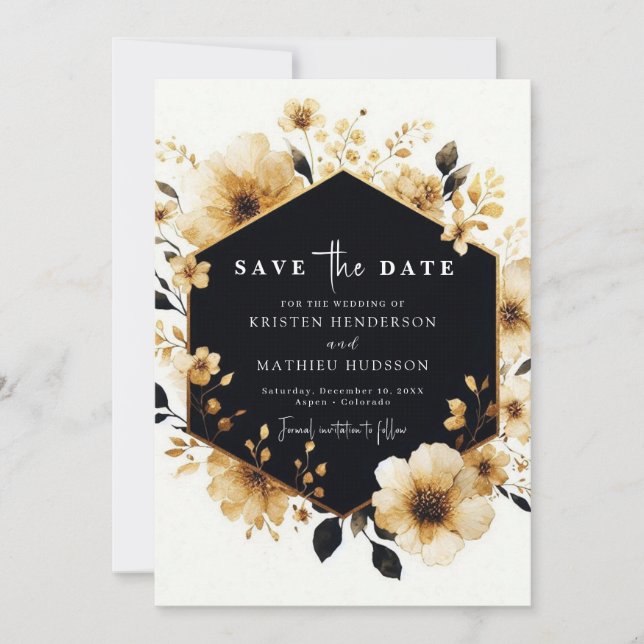 Reserve A Data Casamento Dourado e Preto das Flores Botânicas (Frente)