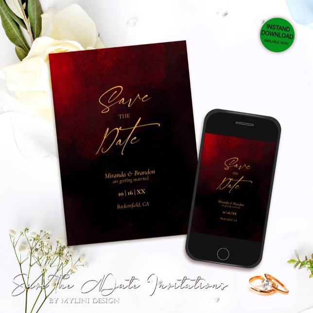 Reserve A Data Casamento Dourado e Vermelho Elegante (Criador carregado)