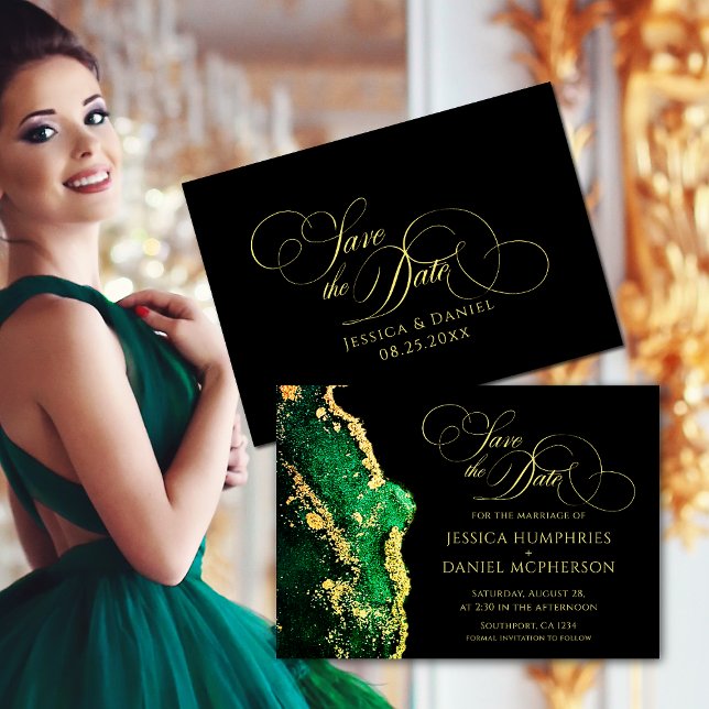 Reserve A Data Casamento Dourado Emerald Green (Stunning Emerald Green Black Gold Wedding Save The Date)