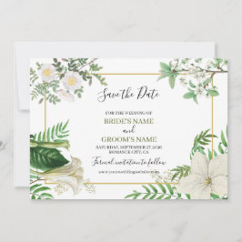 Reserve A Data Casamento Dourado Floral de Cor Verde Branca Rústi