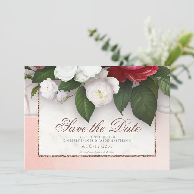 Reserve A Data Casamento Dourado Floral do Elegante Marble (Em pé/Frente)