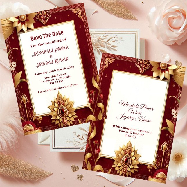 Reserve A Data Casamento Dourado Floral Motif Assimétrico Grande  (Gold Floral Motif Asymmetric Grand Indian Wedding Save The Date)