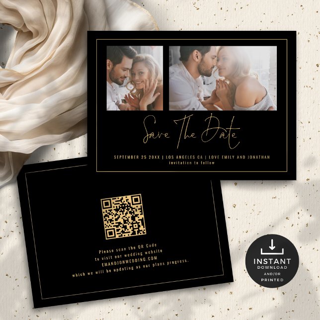 Reserve A Data Casamento Dourado Preto Elegante 2 Fotos (Front and back view)