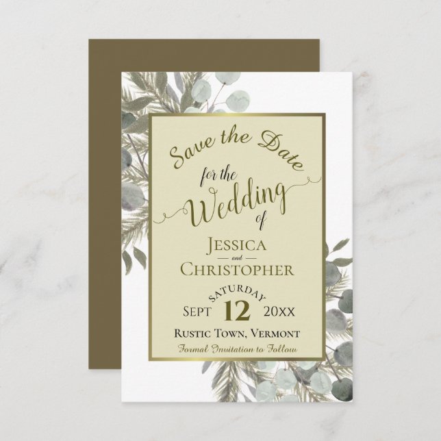 Reserve A Data Casamento Dourado Rustic Watercolor Eucalyptus & P (Frente/Verso)