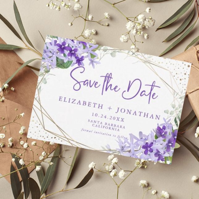 Reserve A Data Casamento Dourado Verde Floral Verde Roxo Moderno (Criador carregado)