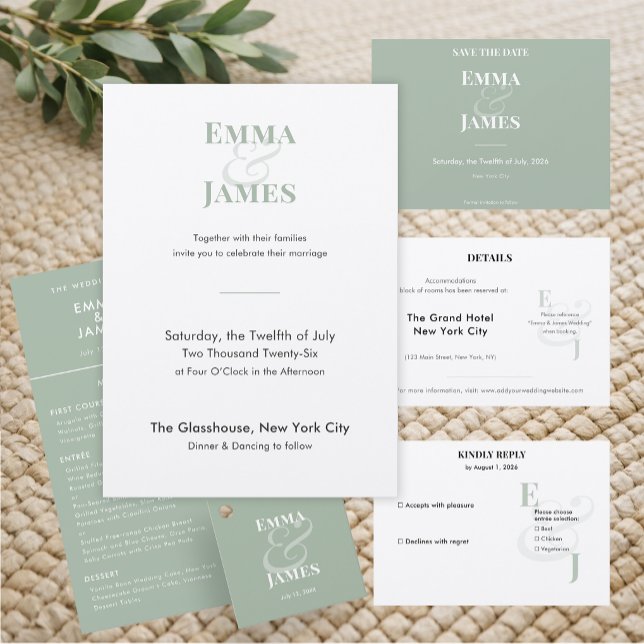 Reserve A Data Casamento E comercial Ampersand | Salve a Data (Horizontal reverse sage save the date featuring clean minimalist typography for a soft, calm style.)