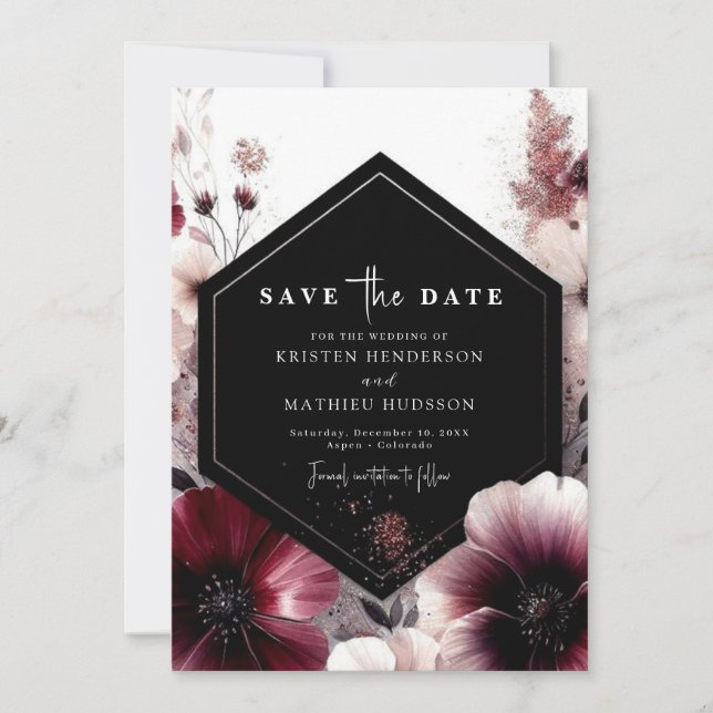 Reserve A Data Casamento editável de Na moda Burgundy (Frente)