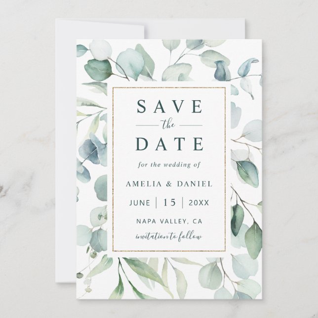 Reserve A Data Casamento Eetal Eucalyptus Dourado Greenery (Frente)
