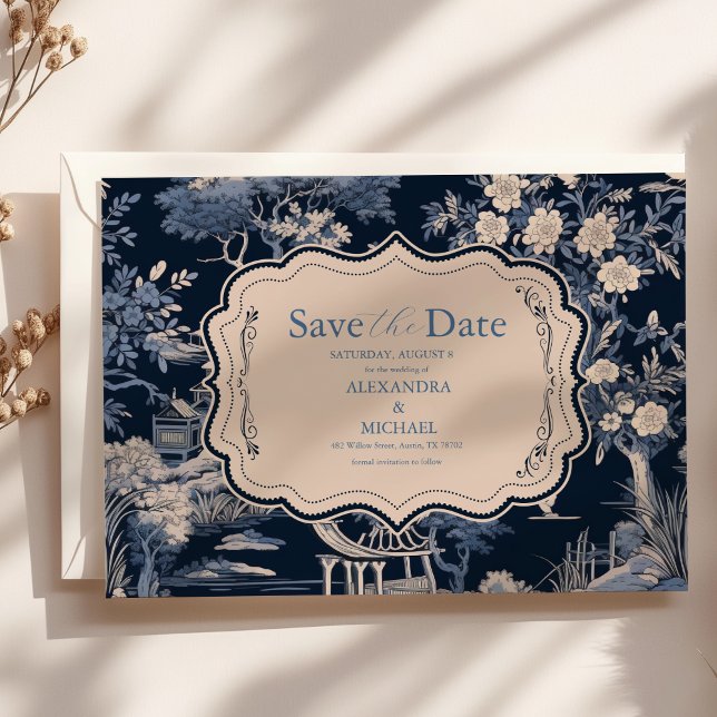 Reserve A Data Casamento Elegante Blue Toile De Jouy (Criador carregado)