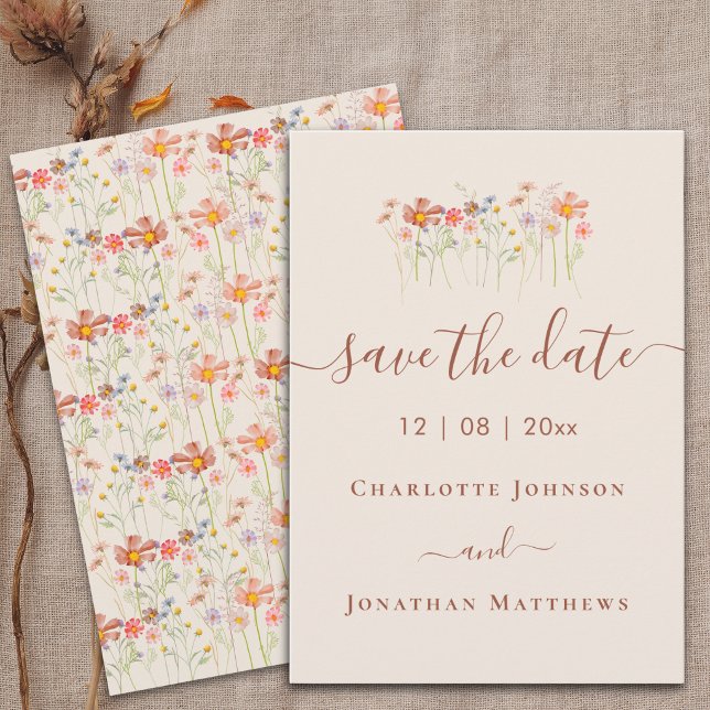 Reserve A Data Casamento Elegante Boho em Prado de Flores Silvest (Wildflower garden meadow watercolor floral beige brown terracotta Wedding invitation)