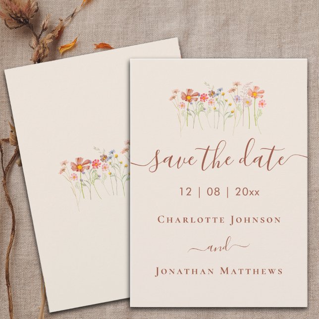 Reserve A Data Casamento Elegante Boho em Prado de Flores Silvest (Wildflower boho garden meadow watercolor floral beige brown terracotta Wedding invitation)