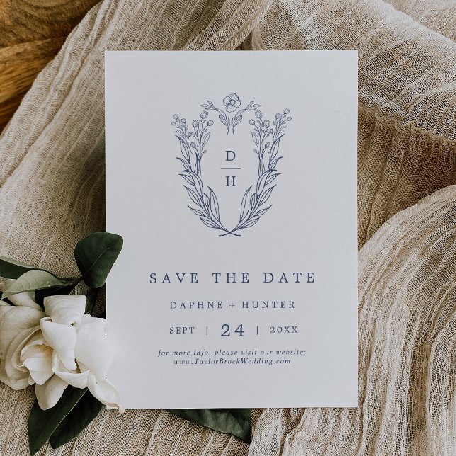 Reserve A Data Casamento Elegante Botânico Moderno Azul-Branco DA (DAPHNE White Blue Modern Botanical Elegant Wedding Save The Date)