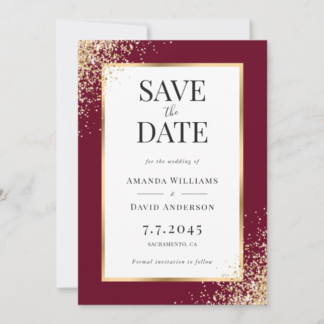 Reserve A Data Casamento Elegante Burgundy Dourado Frame Confetti (Frente)