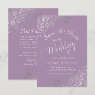 Reserve A Data Casamento Elegante Cinza Prata com Renda Lavanda